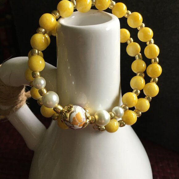 Yellow Beaded Wrap Bracelet with Gold Accents & Floral Focal Bead - Picture 2 of 3